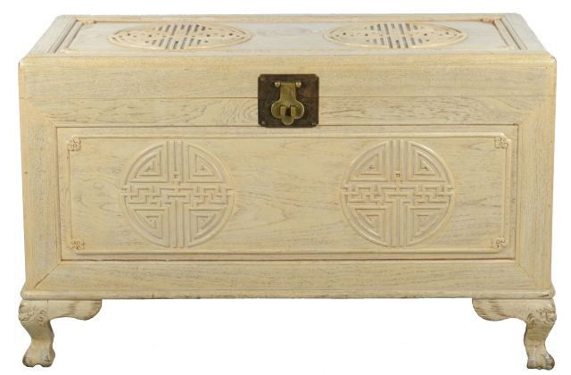 A Chinese Carved Elm Chest with Pickled Finish, 20: A Chinese Carved Elm Chest with Pickled Finish, 20th Century. Note condition: surface wear and scratches throughout. Height: 25 Width: 40 Depth: 21