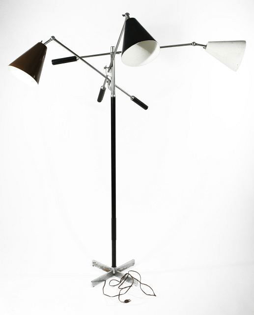 An original Gino Sarfatti/ Arteluce Triennale Flo: An original Gino Sarfatti/ Arteluce Triennale Floor Lamp, with three adjustable arms ending in leather-covered handles, conical brown, black and white enameled shades and black enameled shaft on cross