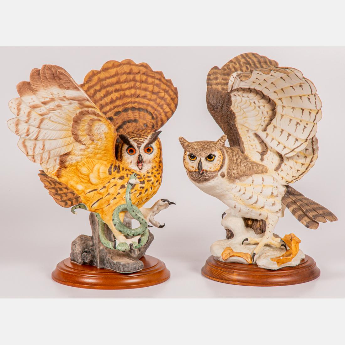 A Franklin Mint Porcelain Eagle Owl and Horned Owl. (1 of 4)