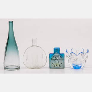 Art Glass Group: An Art Glass Group of Three Bottles and a Vase by Various Makers, 20th Century, Including Kosta Boda by Bertil Vallien (Swiss, b. 1938), Orrefors Sweden, Johansfors by Bengt Orup (Swedish, 1916-1996)