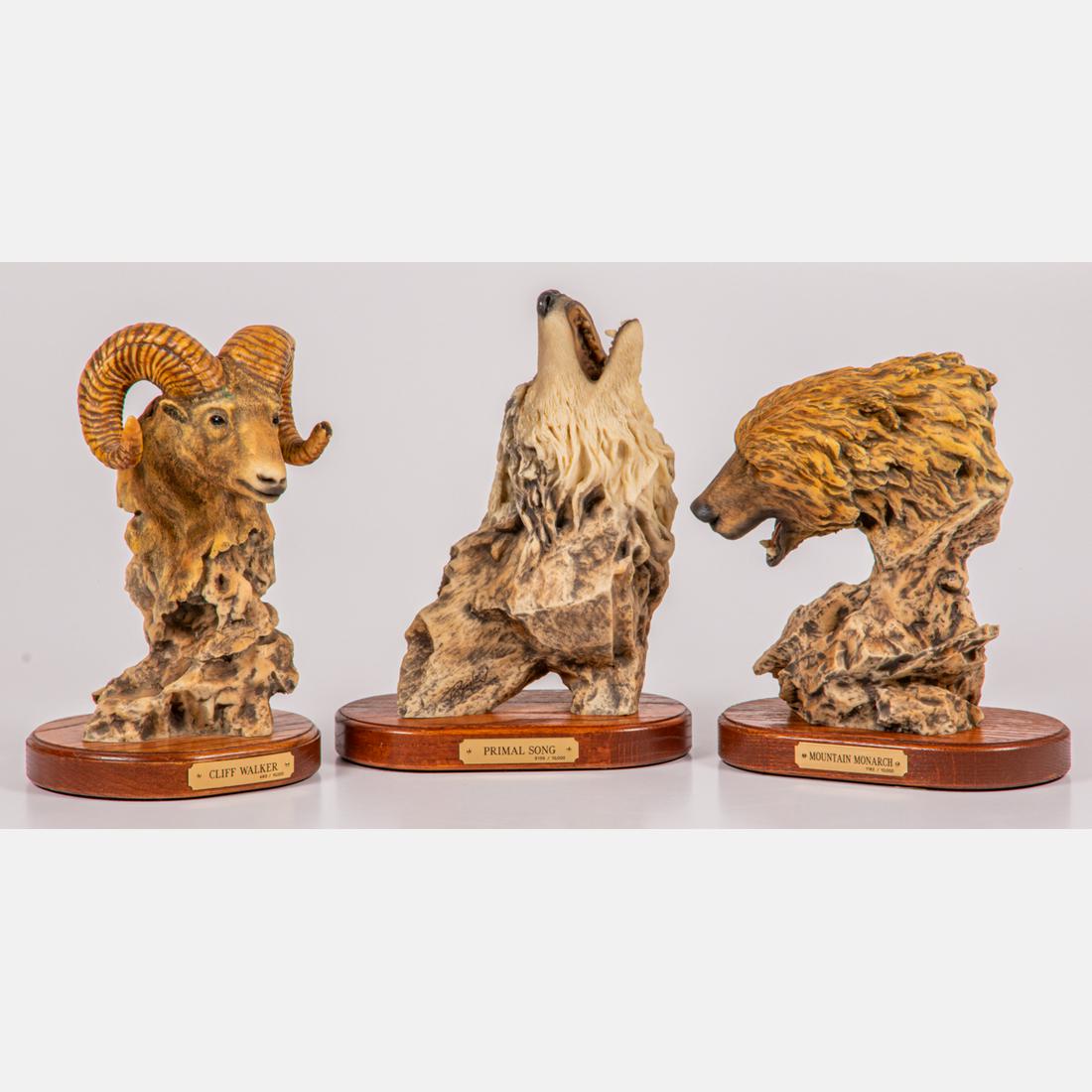 A Group of Three Mill Creek Studio Resin Busts of Animals by Ready Reading: A Group of Three Mill Creek Studio Resin Busts of Animals by Ready Reading (American, 20th Century). Including Primal Song, edition 3135/10000. Mountain Monarch, edition 1182/10000. Cliff Walker, edit