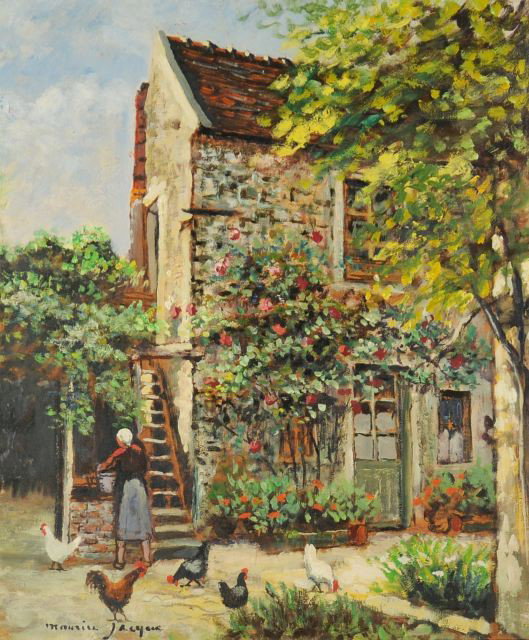 Maurice Jacque (French, 19th century) Garden Scene: Maurice Jacque (French, 19th century)Garden Scene with Chickens,Oil on Board,Signed lower left.Note condition: chips to paint upper right.Height: 21.5 Width: 18