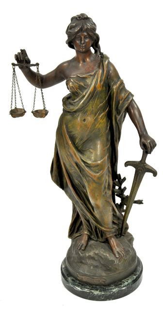 After Auguste Moreau (French, 1861-1906) La' Justi: After Auguste Moreau (French, 1861-1906)La' Justice,Patinated spelter.Height: 23