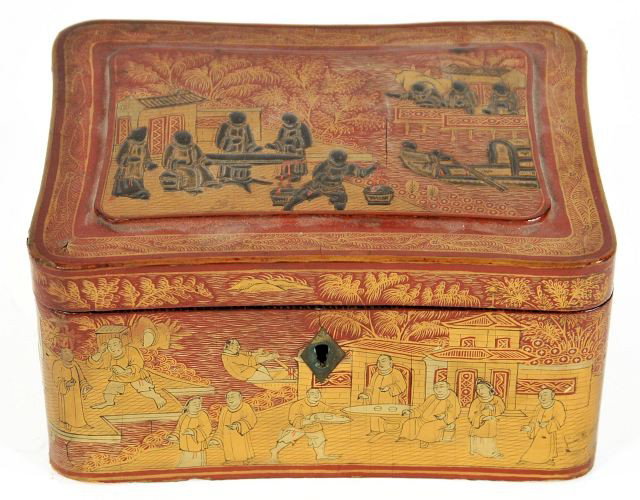 A Chinese Lacquered Tobacco Box with Zinc Liner.