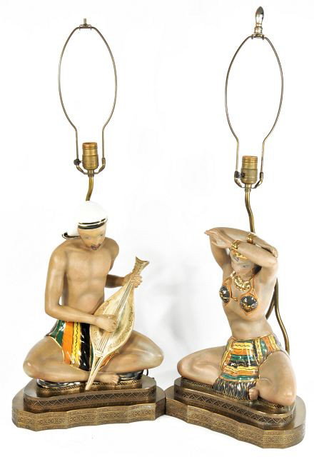 A Pair of Vintage Ceramic Figural Table Lamps,: A Pair of Vintage Ceramic Figural Table Lamps, Having Egyptian motif. Provenance: Generously donated by Ellen Rossen. Proceeds to benefit The Cleveland Play House. HEIGHT: 32 WIDTH: 12.5
