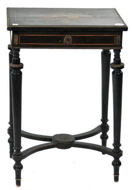 A Louis XV Style Fruitwood Marquetry and Brass Lid: A Louis XV Style Fruitwood Marquetry and Brass Lidded Work Table, 19th Century. HEIGHT: 29 WIDTH: 20 DEPTH: 14