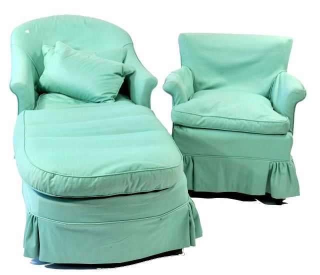 An Upholstered Chaise Lounge,: An Upholstered Chaise Lounge, Together with a club chair. HEIGHT: 31.5