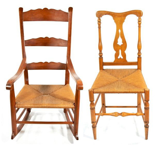 A Shaker Style Pine Rocking Chair together with a : A Shaker Style Pine Rocking Chair together with a Side Chair, Both with rush seats.Tallest: 40.5 x 23 x 29 inches. Provenance: Generously donated by William Jones. Proceeds to benefit The Cleveland Pl