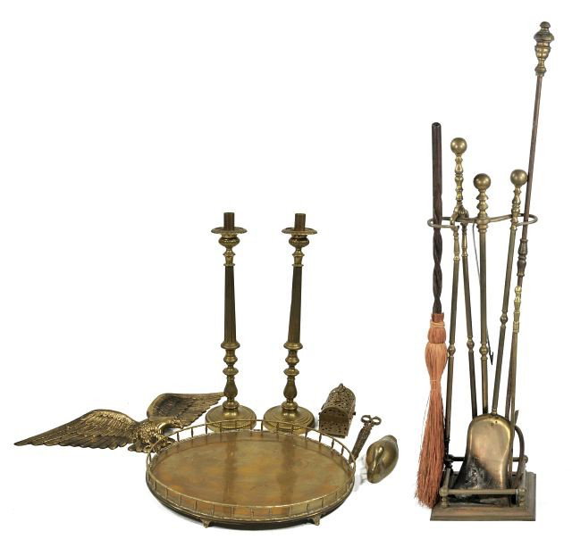 A Set of Georgian Style Brass Fire Tools,: A Set of Georgian Style Brass Fire Tools, with brass decorative items.Overall height: 46 x 9 x 10 inches. Provenance: Generously donated by William Jones. Proceeds to benefit The Cleveland Play House.