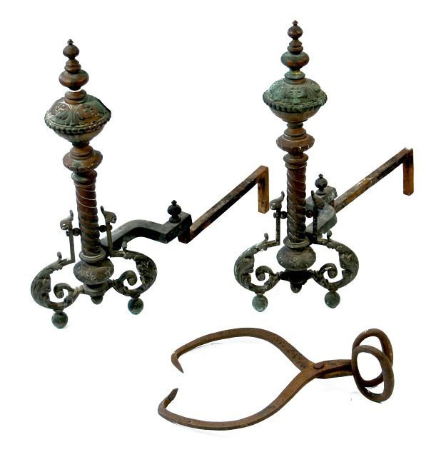 A Pair of Gothic Revival Cast Brass Andirons.: A Pair of Gothic Revival Cast Brass Andirons. HEIGHT: 23.75