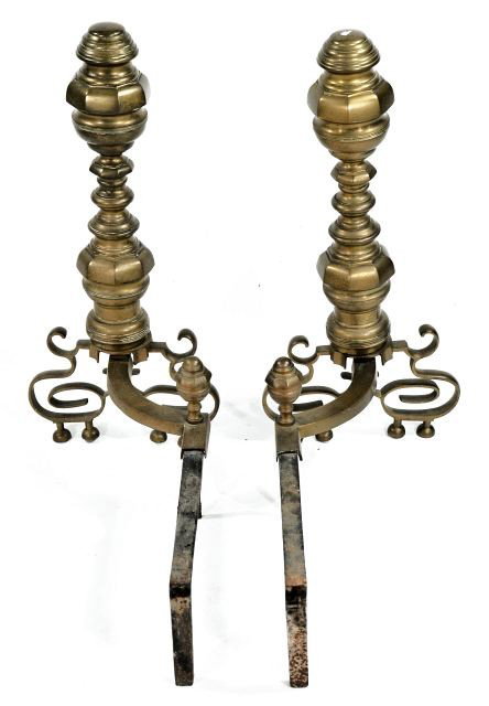 A Pair of Georgian Style Brass Andirons.: A Pair of Georgian Style Brass Andirons. Provenance: Generously donated by William Jones. Proceeds to benefit The Cleveland Play House. HEIGHT: 23 WIDTH: 11 DEPTH: 22