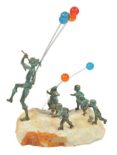 A Curtis Jeré Brass Figural Group Depicting the Pi: A Curtis Jeré Brass Figural Group Depicting the Pied Piper, Signed and dated, mounted on a quartz base. Diameter: 10.5 inches. 16 HEIGHT: 16