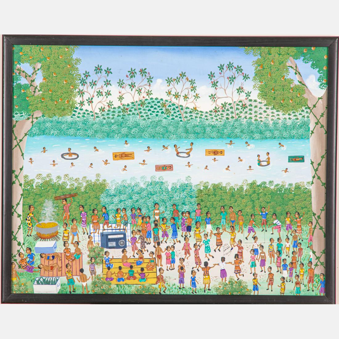 Gary Dorsainvil (Haitian, 20th Century): Gary Dorsainvil (Haitian, 20th Century) Water Party Scene, Oil on canvas, Signed lower center margin. Framed dimensions: H: 24 3/4 x W: 30 3/4 in. H: 23 3/8 W: 29 3/8 in.