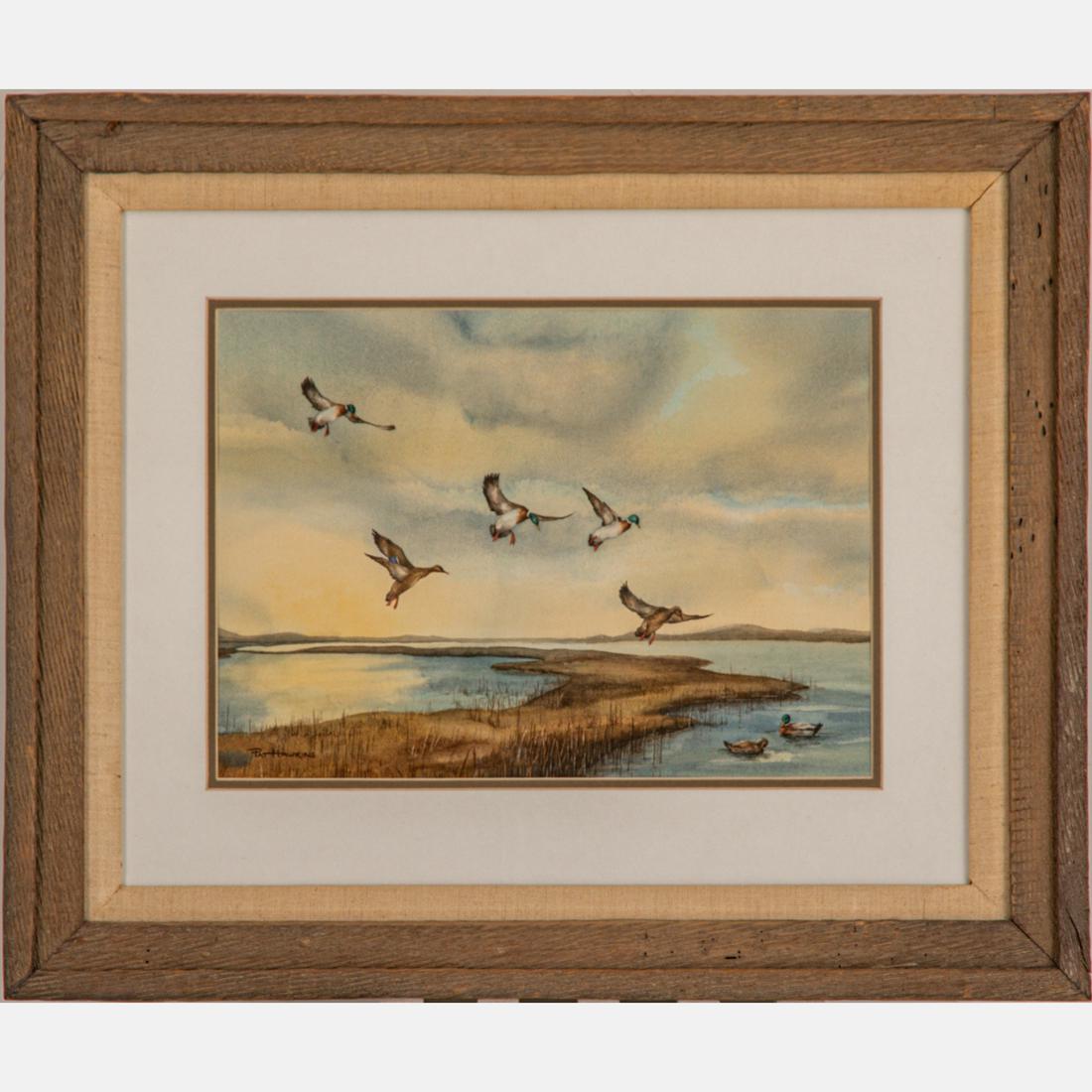 Pat Hawkins (20th Century): Pat Hawkins (20th Century) Ducks in a Landscape, Watercolor, Signed lower left. Framed dimensions: H: 20 3/4 x W: 24 7/8 in. H: 10 7/8 W: 15 1/8 in.