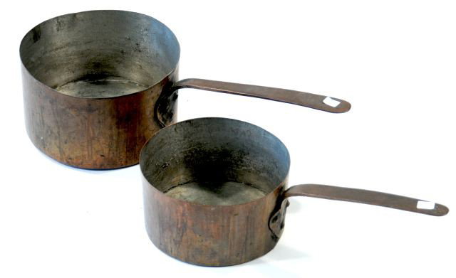 Two Hand Hammered Copper Pots, 19th Century.: Two Hand Hammered Copper Pots, 19th Century. Largest: diameter 10.25 inches.