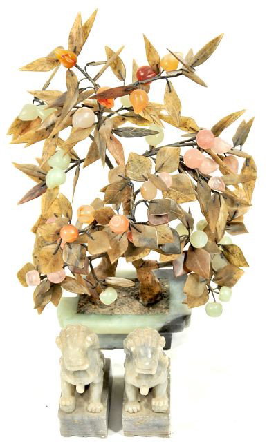 A Japanese Carved Jade Tree, 20th Century,: A Japanese Carved Jade Tree, 20th Century, Together with two carved soapstone lions. HEIGHT: 17 WIDTH:11 DEPTH: 10