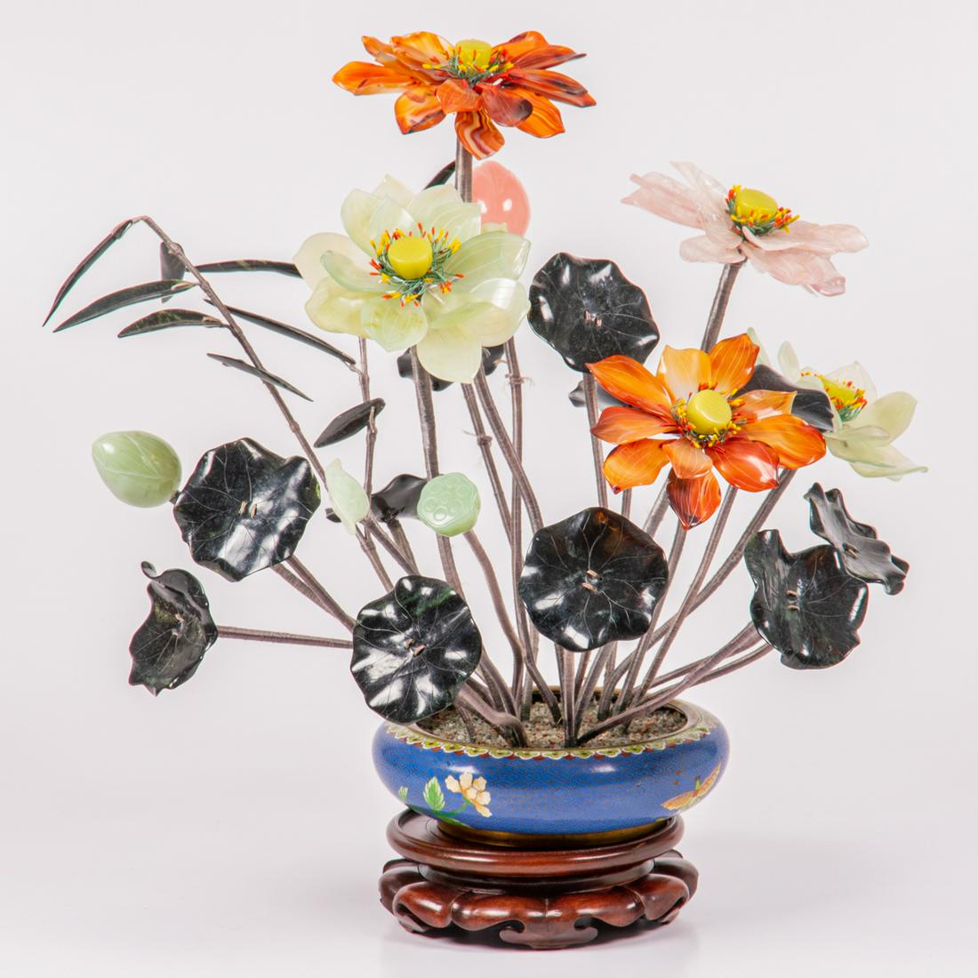 Chinese Jade Tree with Cloisonné Pot on a Carved Hardwood Stand (1 of 7)