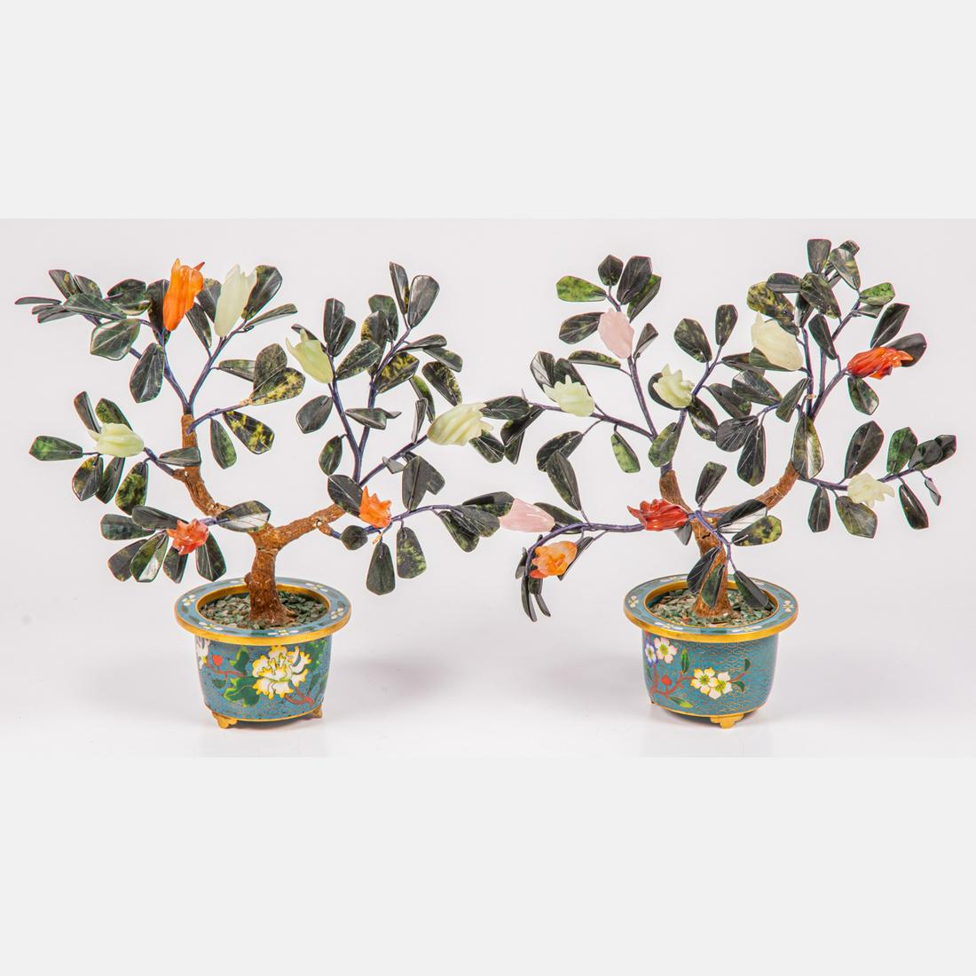 Pair of Chinese Jade Trees with Cloisonné Pots (1 of 6)