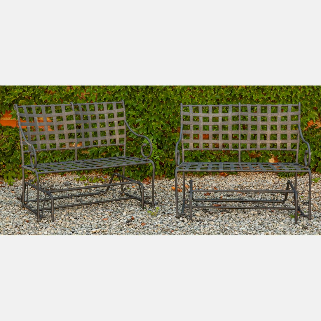 Pair of Brown Jordan Aluminum Glider Settees: A Pair of Brown Jordan Aluminum Glider Settees, 20th Century. Dimensions of each: H: 38 x W: 43 5/8 D: 30 in. Glider seat depth: 18 in.