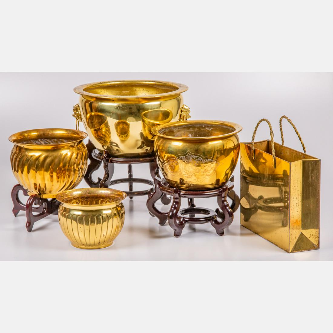 Five Brass and Three Carved Wood Plant Stands (1 of 5)