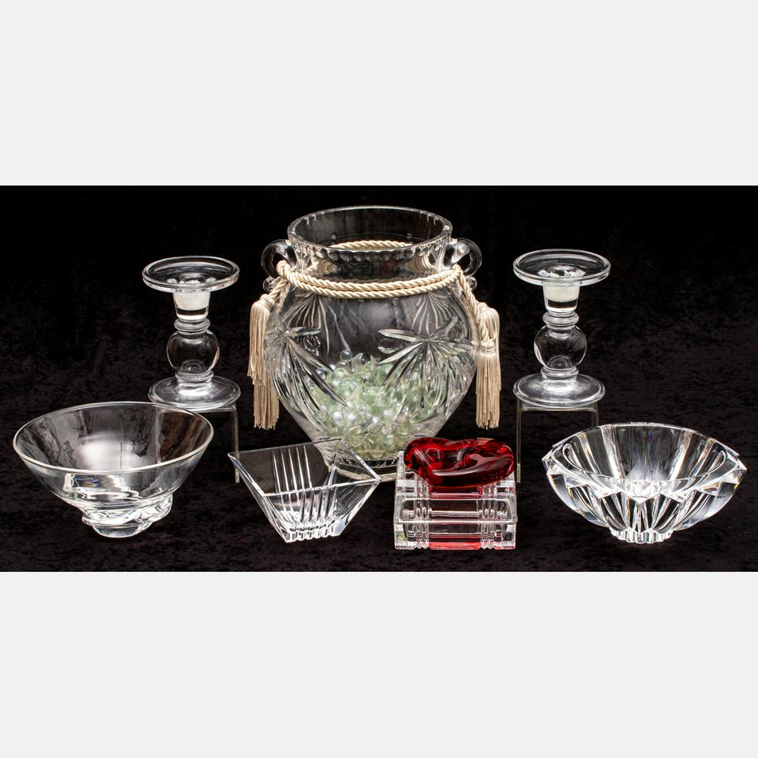 Crystal Decorative Objects by Various Makers: A Collection of Crystal Decorative Objects by Various Makers, 20th Century, Including a Tiffany heart-shaped red paperweight, a tapered Steuben Bowl and an Orrefors fluted bowl. An unmarked 9 1/2 high