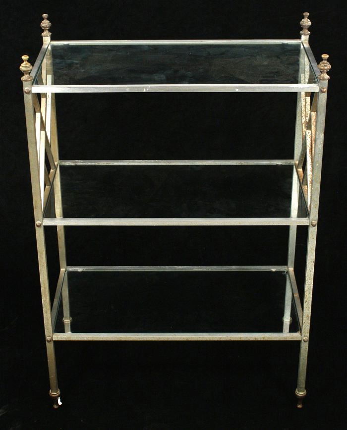 A Contemporary Metal & Glass 3-Tier Shelf, 20th Cen: A Contemporary Metal & Glass 3-Tier Shelf, 20th Century, Note condition: surface oxidation, chips to glass shelves. HEIGHT: 35 WIDTH: 24 DEPTH: 12