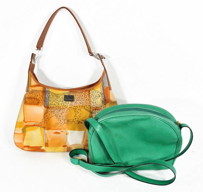 Two Vintage Salvatore Ferragamo Purses,: Two Vintage Salvatore Ferragamo Purses, Tallest, h.17 x w. 12 x d. 2 ins.