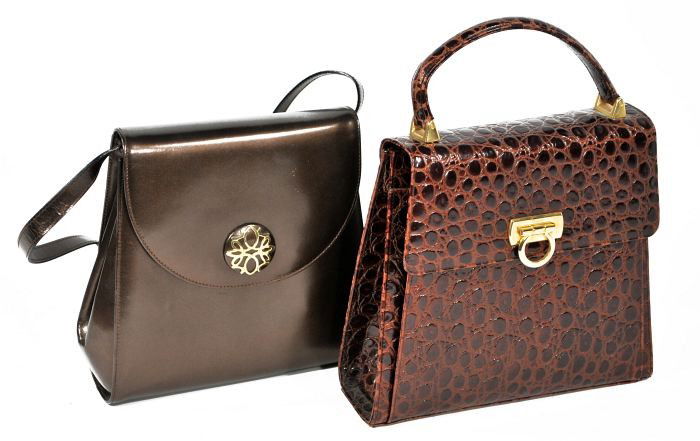 Two Vintage Leather Salvatore Ferragamo Purses,: Two Vintage Leather Salvatore Ferragamo Purses, Tallest, h. 12 x w. 9 x d. 3 ins.