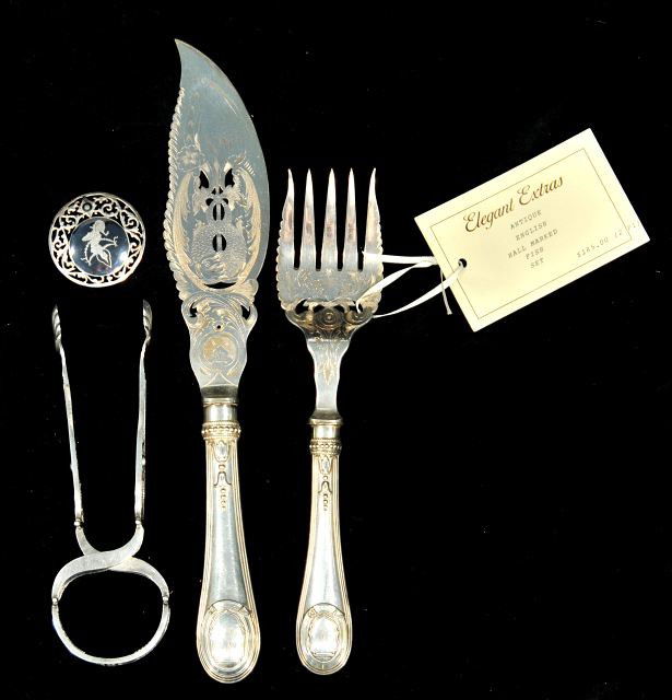 A Miscellaneous Collection of Silver and Silver P: A Miscellaneous Collection of Silver and Silver Plated Serving Items, Together with a Siam sterling silver brooch.