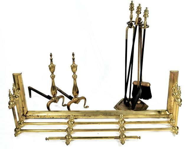 A Brass Fire Place Set,: A Brass Fire Place Set, Including andirons, tool set and fireplace fender.