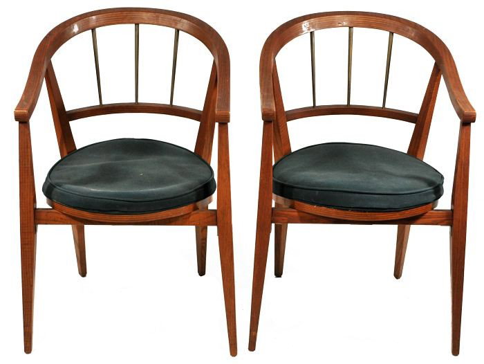 A Pair of Edward Wormley for Dunbar Bent Laminate : A Pair of Edward Wormley for Dunbar Bent Laminate & Brass Chairs, ca 1950's, bent laminate wood with brass dowels. h. 30.50 x w.19.75 x d. 17.5