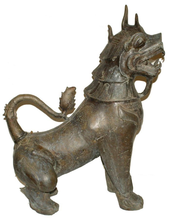 A Pair of Massive Burmese Bronze Temple Lions, 20th