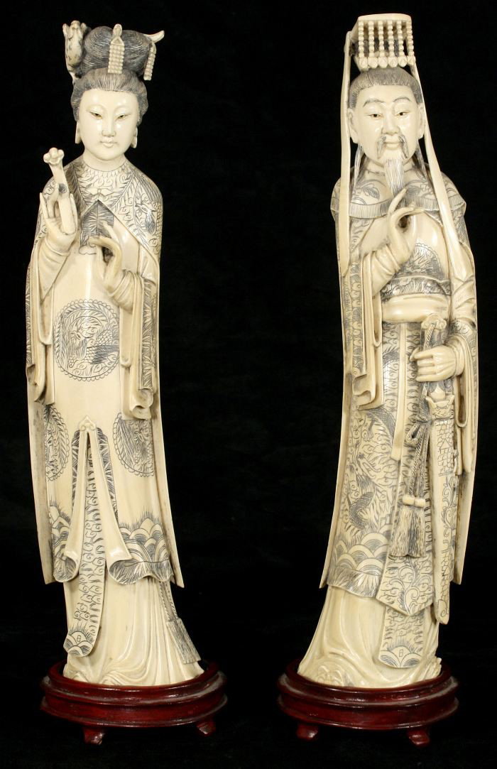 A Pair of Chinese Carved Ivory Standing Emperor and