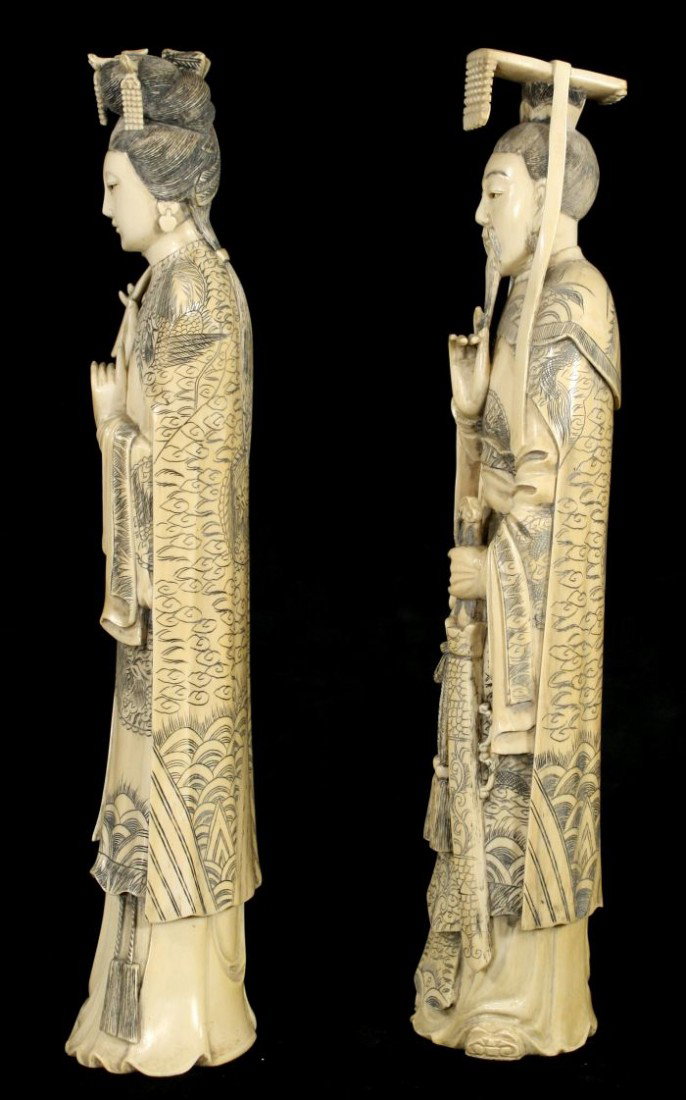 A Pair of Chinese Carved Ivory Standing Emperor and - 3