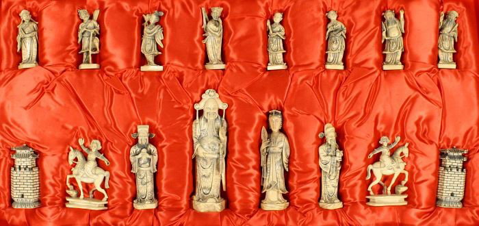 A Chinese Carved Ivory Chess Set, Early 20th Centu: A Chinese Carved Ivory Chess Set, Early 20th Century, With inlaid hard wood case. h: 6.25 x w: 13 x d: 26 in.