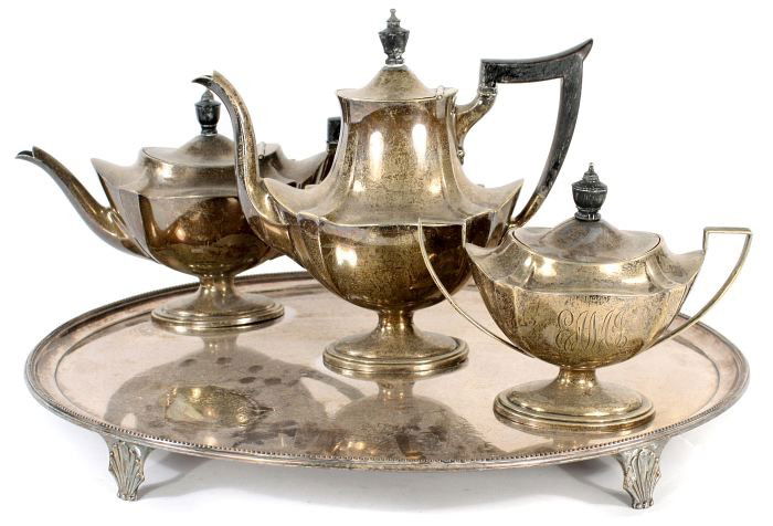 A Four Piece Gorham Sterling Silver Tea Set.: A Three Piece Gorham Sterling Silver Tea Set. Approx. 45 troy oz. Teapot: 8.5 inches Tray: 18 x 14 inches.