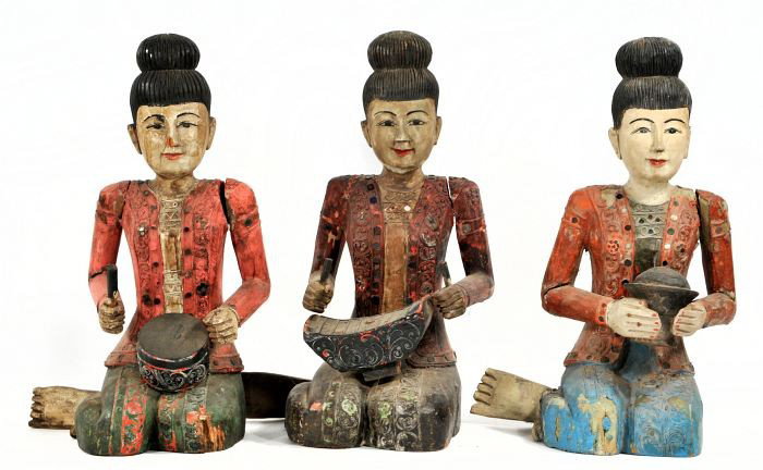 A Group of Three Indonesian Carved and Painted Wo: A Group of Three Indonesian Carved and Painted Wood Figures, 20th Century, Depicting musicians. Tallest: 15 x 10 x 7 in.