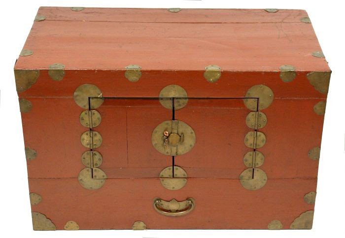 A Chinese Red Lacquered and Brass Chest, 20th Cent: A Chinese Red Lacquered and Brass Chest, 20th Century. h: 19 x w: 30 x d: 16 in.