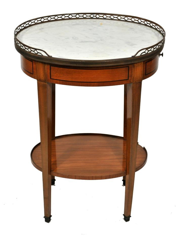 A Louis XVI Style Mahogany Marble and Brass Guerid: A Louis XVI Style Mahogany Marble and Brass Gueridon, 20th Century. h: 27 x w: 19 x d: 14 in.
