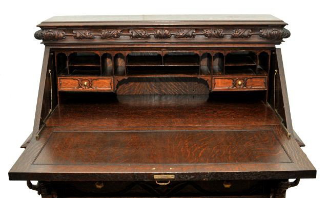 A Gothic Revival Carved Oak Slant Front Desk in th - 3