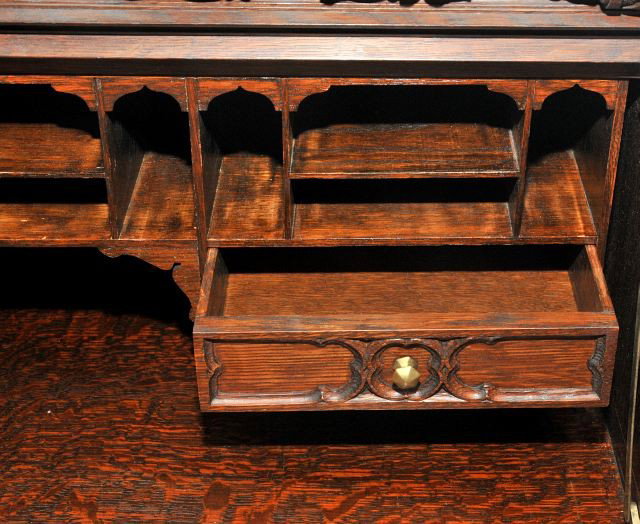 A Gothic Revival Carved Oak Slant Front Desk in th - 4