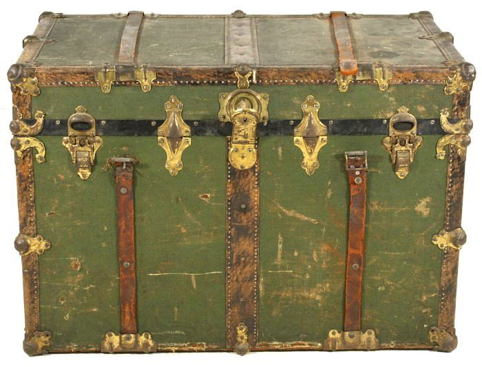 A Vintage Canvas Leather and Metal Trunk, 19th Cen: A Vintage Canvas Leather and Metal Trunk, 19th Century, Engraved George T. McIntosh. h: 23.75 x w: 34.25 x d: 20 in.