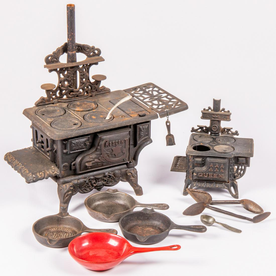Two Miniature Cast Iron Stoves and Pans (1 of 7)