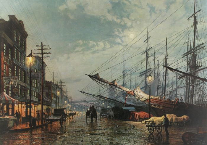 John Stobart (b:1929) South Street, New York in 188: John Stobart (b:1929) South Street, New York in 1880, Lithograph, Signed lower right, dated 1975, edition 924/950. With pencil sketch lower left margin, signed and numbered 4/100. h: 23 x w: 33.25 in.