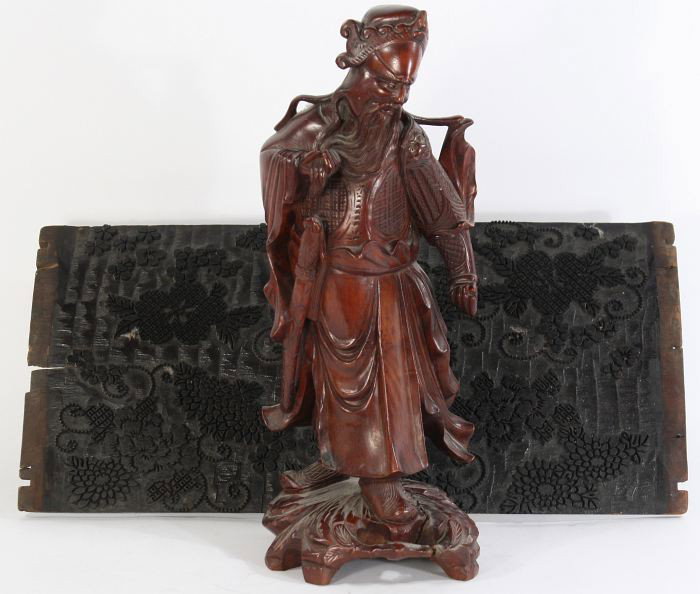 A Chinese Carved Hardwood Warrior Figure, 20th Cen: A Chinese Carved Hardwood Warrior Figure, 20th Century, Together with a Japanese carved elm printing block. Hardwood figure height: 14.25 inches.