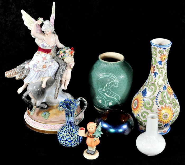A Miscellaneous Collection of Continental Porcelai: A Miscellaneous Collection of Continental Porcelain, Earthenware and Glass Decorative Items, Includes pieces by Meisen, Zsolnay, Hummel, Thomas of Germany and Gmundner Keramik. Tallest: 12.75 inches.
