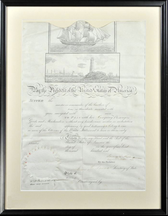 POLK, James Knox (1795-1849). A Signed Scallop-top: POLK, James Knox (1795-1849). A Signed Scallop-top Ship's Passport. Eleventh President of the United States. Signed by President James K. Polk and Co-signed by Secretary of State James Buchanan (1791-