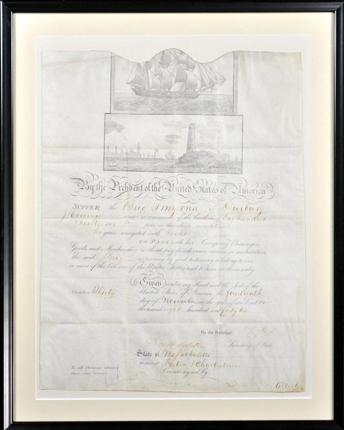 TYLER, John (1790-1862). A Scallop-top Ship's Passp: TYLER, John (1790-1862). A Scallop-top Ship's Passport, Issued to the Brig Smyrna of Duxbury, November 14, 1842. Tenth President of the United States. Co-signed by Secretary of State David Walter. 1 p