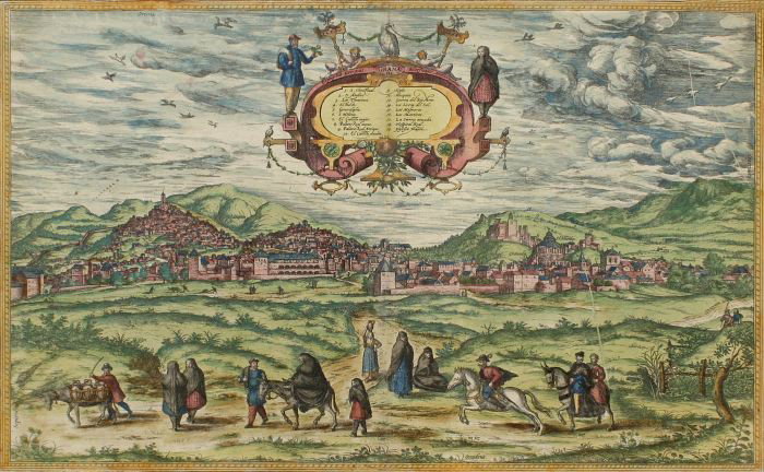 BRAUN, Georg (1541-1622) and Franz HOGENBERG (1535-: BRAUN, Georg (1541-1622) and Franz HOGENBERG (1535-1590). Granada 1563. A panoramic view, hand-colored engraving, with central vertical fold, lined with Japan paper as well as all four edges on verso,