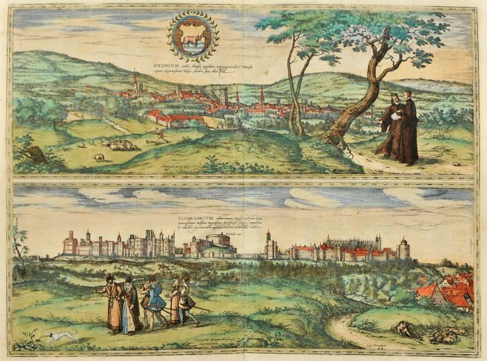 BRAUN, Georg (1541-1622) and Franz HOGENBERG (1535-: BRAUN, Georg (1541-1622) and Franz HOGENBERG (1535-1590). Oxonium & Vindsorium. A panoramic view, hand-colored engraved town plans of Oxford and Windsor Castle on one sheet, with central vertical fold